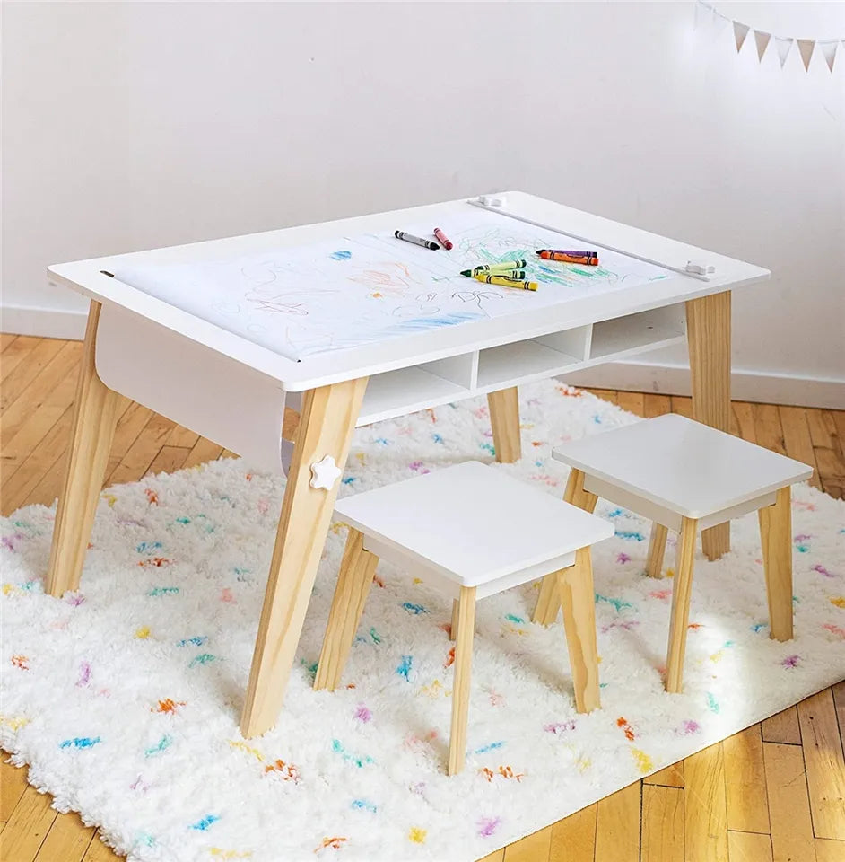Desk and chair set for toddler, Montessori table with bookshelf, Kids board  game table, Desk with drawer, Minimalist furniture